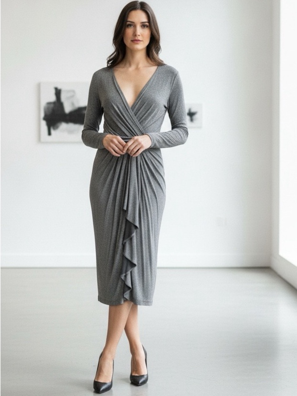 RONEN CHEN Grey Faux Wrap Midi Dress
Size 2